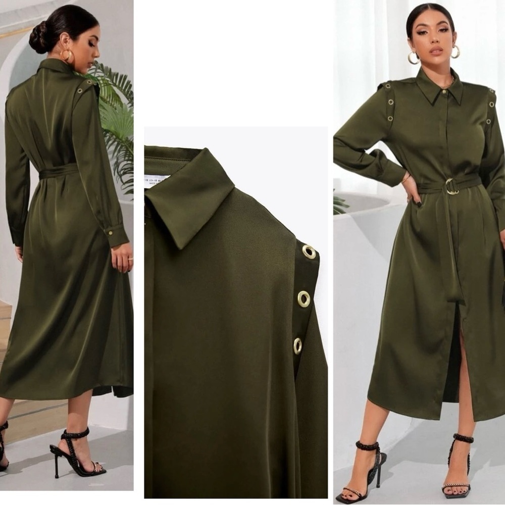 Zara Army green satin effect Grommet Eyelet Split Hem Belted Shirt Dress M NWT - Picture 3 of 14